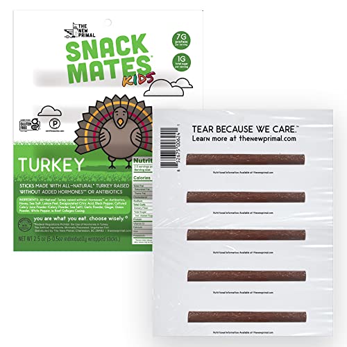 SNACK MATES BY THE NEW PRIMAL, TURKEY STICK, ALL-NATURAL TURKEY, HIGH PROTEIN AND LOW SUGAR KIDS SNACK, CERTIFIED PALEO, CERTIFIED GLUTEN-FREE, LUNCHBOX FRIENDLY, 0.5 OZ, PACK OF 5