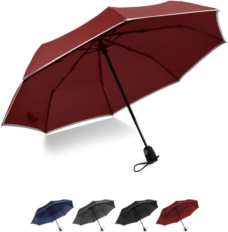 Brainstorming Windproof Travel Umbrella Compact Auto Open/Close Portable Folding Umbrella with Teflon Coating, Reflective Stripe Design, Lightweight for Travel (Red)