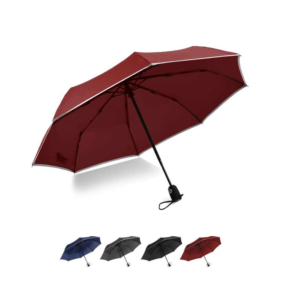 Brainstorming Windproof Travel Umbrella Compact Auto Open/Close Portable Folding Umbrella with Teflon Coating, Reflective Stripe Design, Lightweight for Travel (Red)
