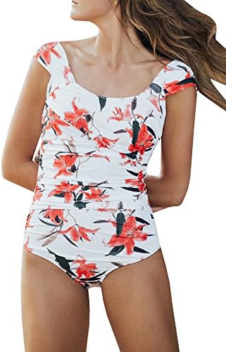 Nulibenna Women Floral Off The Shoulder One Piece Swimsuit Ruched Monokini Bathing Suits