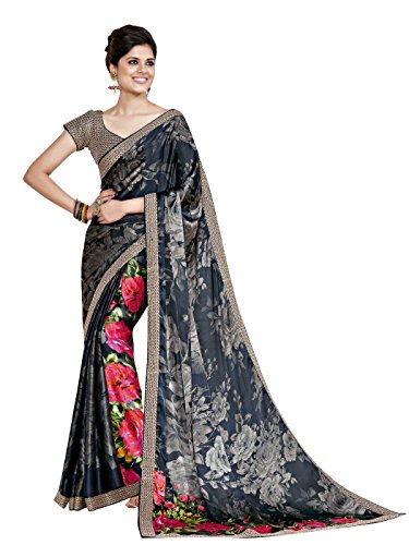 Shonaya Women's Embroidered Faux Georgette Black Designer Saree With Unstitched Blouse Piece