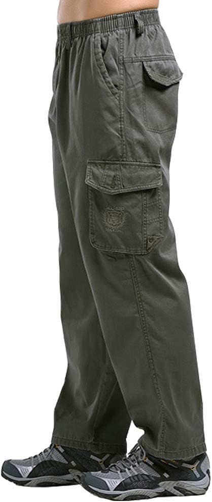 HIENAJ Men's Elastic Waist Cargo Pants Casual Relaxed Fit Wild Combat Multi-Pocket Pant