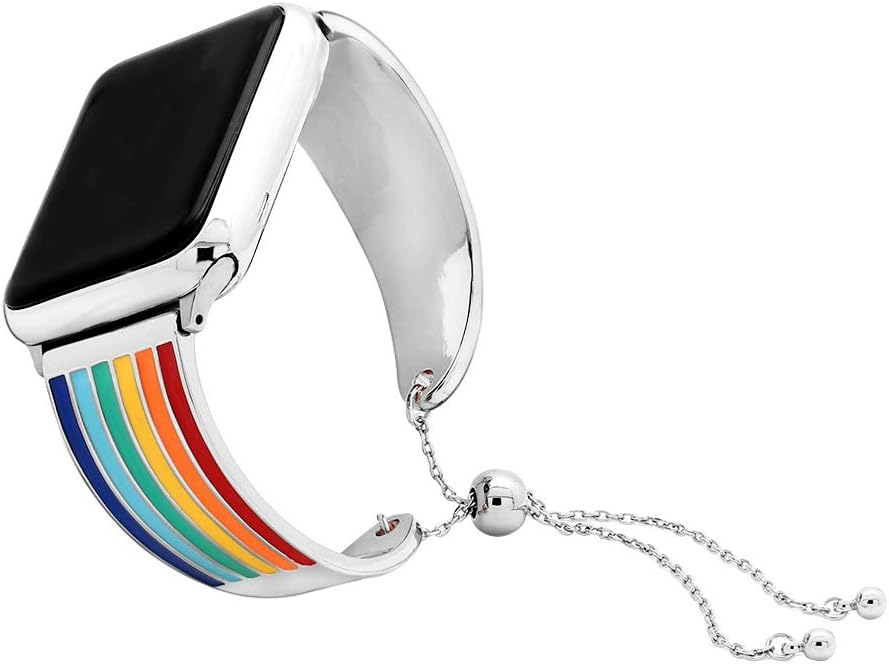 KAI Top Stylish Rainbow Bracelet Compatible Apple Watch Band 38mm 42mm, Classy Women Stainless Steel Cuff Wristband Replacement Beauty Jewelry Bangle iwatch Series 3 2 1 (Silver, 38mm)