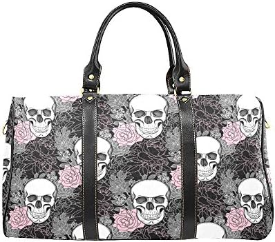 Floral Sugar Skull Large Travel Duffel Bag Waterproof Weekend Bag Luggage with Strap