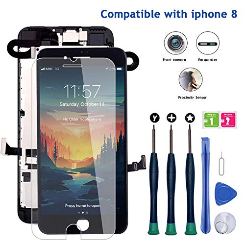 Compatible with iPhone 8 Screen Replacement, LCD Display 3D Touch Screen Digitizer Full Assembly with Proximity Sensor, Ear Speaker and Front Camera (Screen Replacement for iPhone 8 Black)