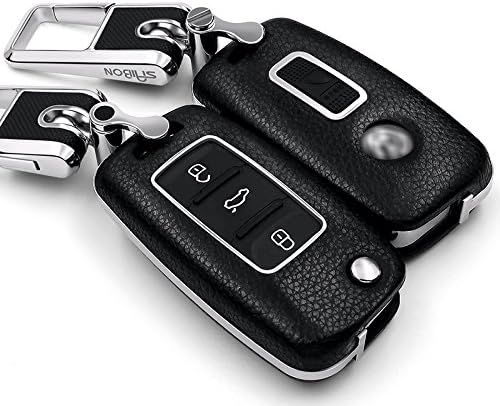 Saibon BLACK Protective Genuine Leather Top Layer Hard Back Folding Key Remote Entry Fob Case Keychain for Volkswagen 2/3 Button