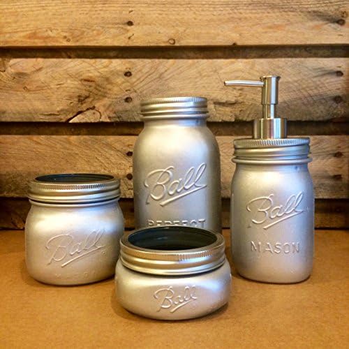 4 Piece Silver Mason Jar Desk Set, Silver mason jar bathroom set with soap dispenser, Silver Mason Jar desk organizer, Silver mason jar vanity set