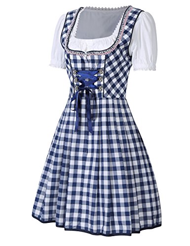 KoJooin Women 3 Pieces Bavarian Oktoberfest Costumes Barmaid Dirndl Dress Blue Plaid 38