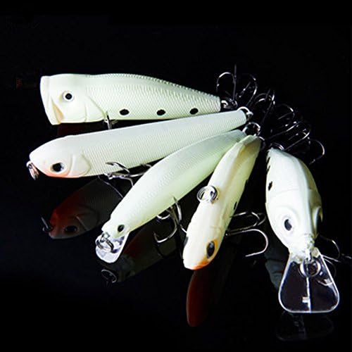 Respectren 5 Pack Night Fishing Lure Bait Kit, Noctilucent Luminous VIB Popper Crank Minnow Pencil, Hard Bait Night Glow Artificial Lures, Sea Fishing Hard Baits