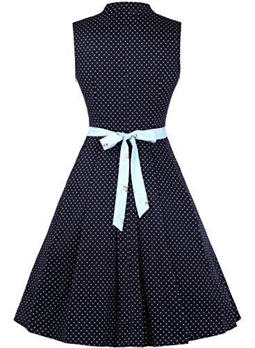 OTEN Women's Midi Dirndl Dress Rockabilly Cocktail Polka Dot & Blue Floral