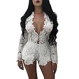 Womens Sexy Lace Crochet Long Sleeves Open Front Slim Party 2 Pieces Jumpsuit White S