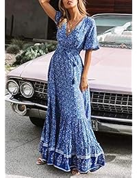 R.Vivimos Vestido largo bohemio para mujer, de manga corta, algodón, cuello en V, diseño floral