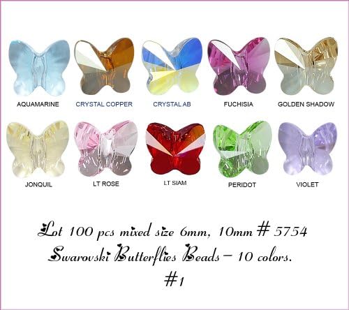 Wholesale Lot 100 pcs Mixed Butterflies 6mm - 10mm Swarovski #5754 Crystal Beads. 10 colors (#1).