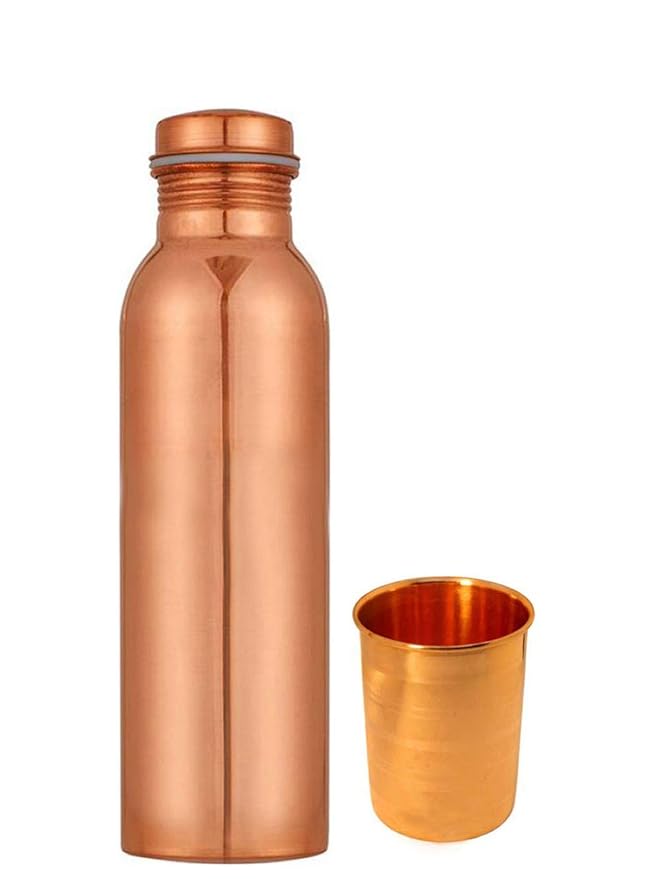 Govind 1 Litre 1 Plain Copper Bottle and One Emboss Copper Glass