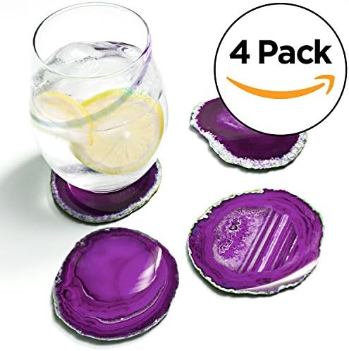 Amethya Natural Sliced Agate Coaster, Cup Mat for Drinks with Rubber Bumper, Set of 4 (Purple)