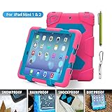 Aceguarder Apple Ipad Mini 1&2&3 Case Waterproof Rainproof Shockproof Kids Proof Case for Ipad Mini 2 Mini 1&2(gifts Outdoor Carabiner + Whistle + Handwritten Touch Pen) (PINK-BLUE)