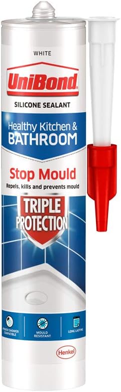 UniBond 2100806 Triple Protection Stop Mould Sealant, Kitchen & Bathroom Sealant, White Silicone Sealant Repels, Kills