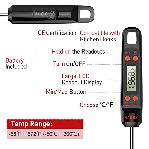 Meat Thermometer, Habor Digital Cooking Thermometer, Instant Read Kitchen Thermometer, 5.5'' Long Probe, Hanging Hole, ºF/ºC, Auto-off for Food, BBQ, Water, Sugar, Milk, Yogurt, Turkey, Grill, Wine