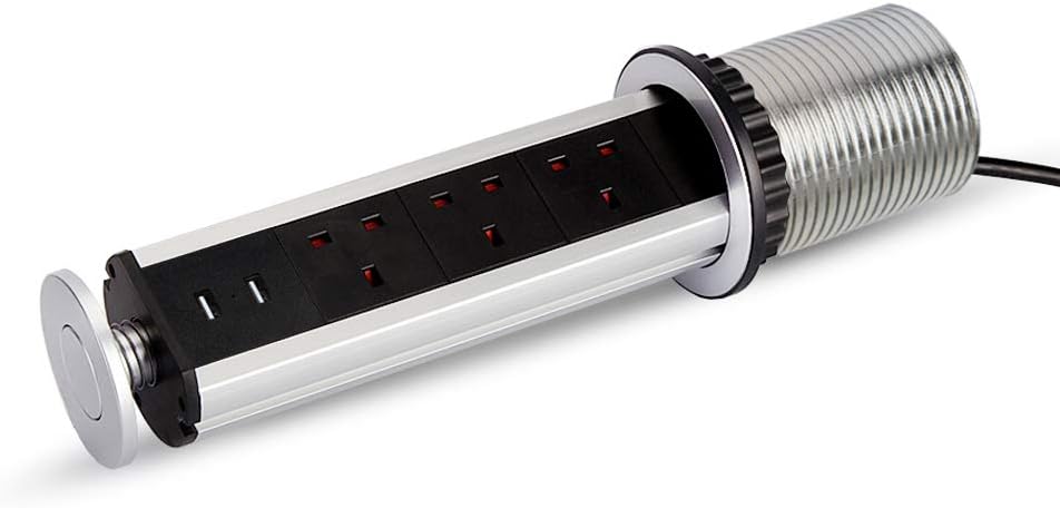 Kitchen Pull Pop Up Sockets for Worktop Desktop with 3 Power Sockets Plug 2 USB Ports - Chrome Effect - Image 5