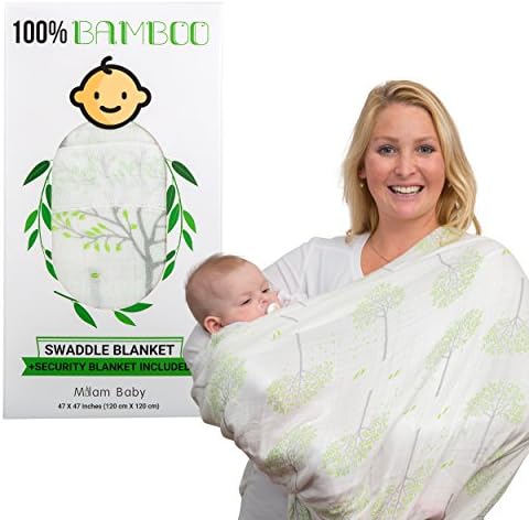 Extra Soft Bamboo Muslin Swaddle & Receiving Blanket XL Size (47" x 47") with Security Blanket (16" x 16") Set for Baby Boys and Girls |Trees Print