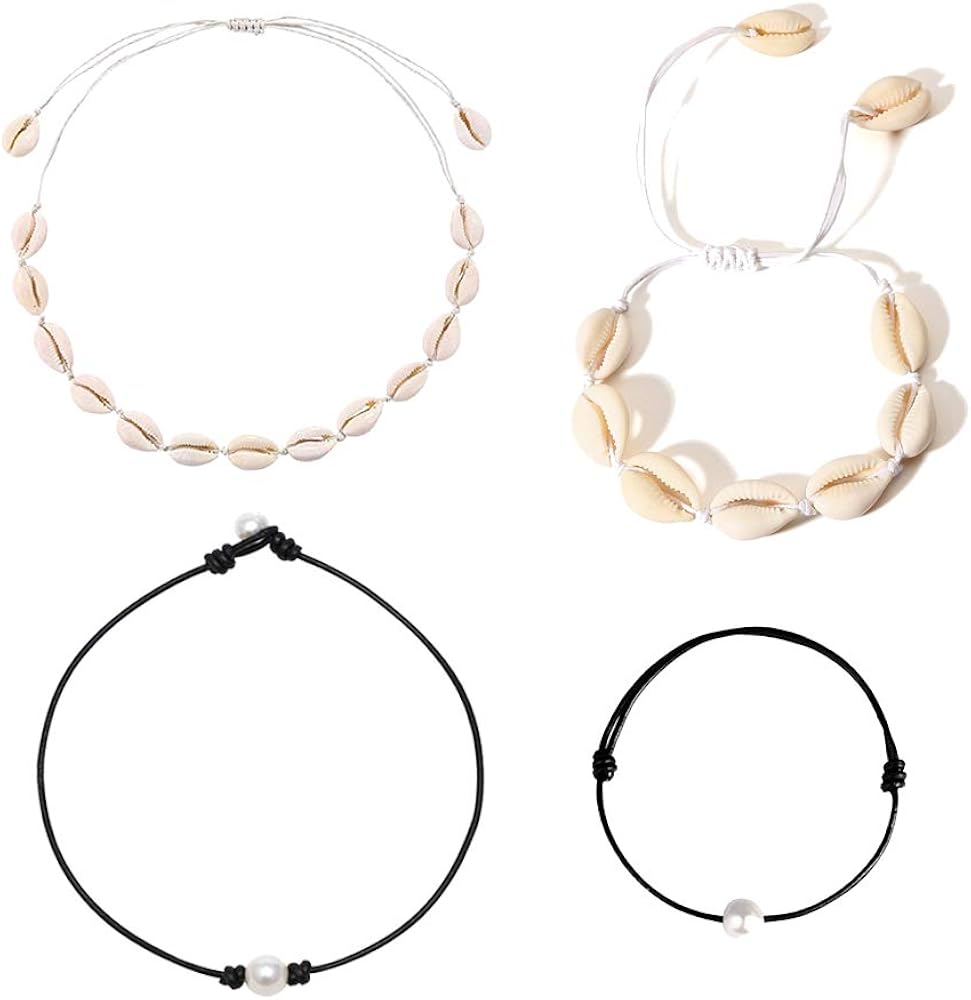 YANCHUN Cowrie Shell Necklace for Women,Puka Shell Necklace Conch Shell Anklet Hawaiian Seashell Pearls Choker Set