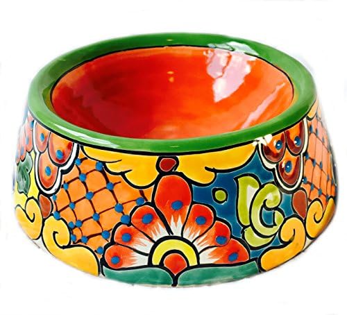 Mexican Talavera Ceramic Dog Bowl -Large Round Green Rim, Red Center