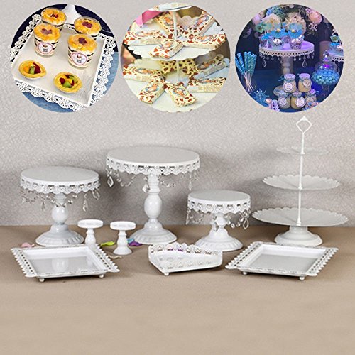 9 Set Metal Crystal Cake Holder Cupcake Stand Cake Dessert Holder with Pendants and Beads,Wedding Birthday Dessert Cupcake Pedestal Display,White (9)