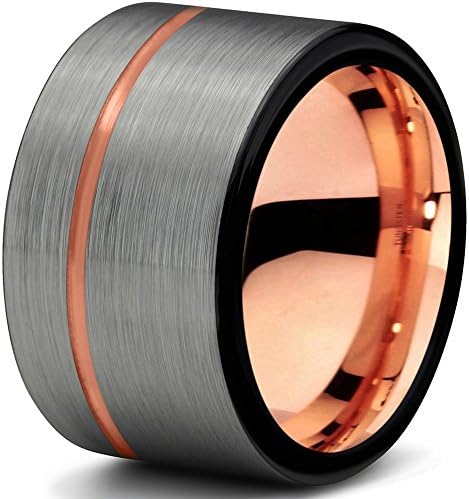 Tungsten Wedding Band Ring 12mm for Men Women 18k Rose Yellow Gold Plated Flat Cut Off Set Line Black Grey Brushed Polished