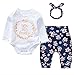 3Pcs Cotton Newborn Baby Girls Tops + Flower Pants + Headband Clothes Outfits Set (White#2, 0-6 Months)