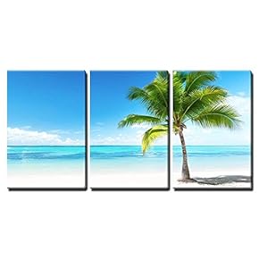 3 Piece Canvas Wall Art - Palm and Beach - Modern Home Art Stretched and Framed Ready to Hang - 16"x24"x3 Panels
