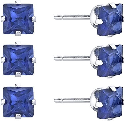 Sterling Silver 3mm Square Blue CZ Stud Earrings, Pack of 3