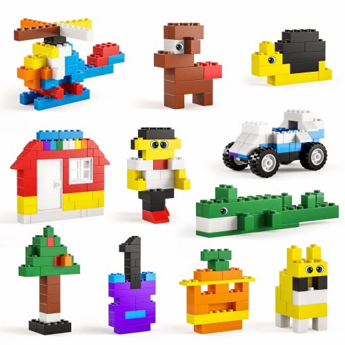 Burgkidz Premium Building Blocks Set: Storage Box with Baseplate Lid | 568-pcs set: 500 bricks/blocks, 14 shapes, 10 colors + wheels/doors/windows. Lid flips to baseplate. Compatible
