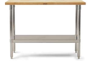 John Boos Maple Wood Top Work Table, 48”x24”x36” – 1.5” Thick Tabletop, 86-lb Kitchen Station with Wooden Edge-Grain Table & Steel Base, & Adjustable Shelf