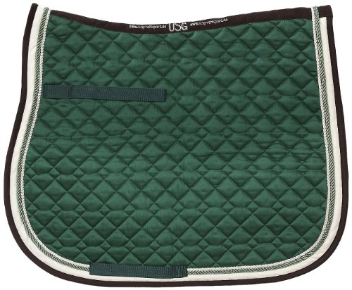 USG - Tapis de selle matelassé - Double passepoil corde - Vert foncé/écru/marron et bordure écru/vert clair - Taille poney