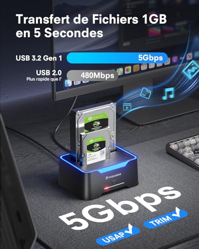 POSUGEAR Hard Drive Dock, USB3.0 Hard Drive Docking Station for 2.5 and 3.5 Inch SATA HDD/SSD Up to 40TB, Offline Cloning Function Supports UASP Dual Bay