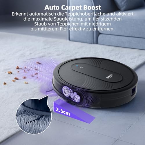 MONSGA Robot Vacuum Cleaner with Mop Function 4000 PA, Suction and Mop Robot 3 in 1.140 min Running Time, 2 Brushes, Vacuum Cleaner Robot with Car Carpet Boost for Pet Hair, Carpet Floors, App Control