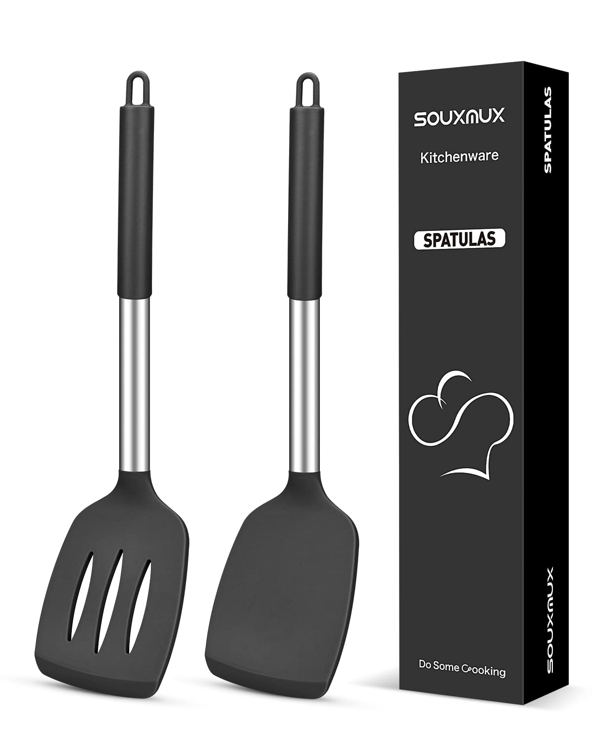 2 Pcs Silicone Spatulas Turners, Solid and Slotted Spatula Set, Non-Stick BPA Free High Heat Resistant Handy Kitchen Utensils for Cooking, Grill, Flipping Eggs, Fish, Pancake（Black）