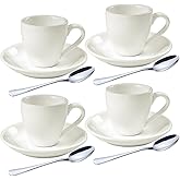 homEdge Porcelain Espresso Shot Cup Set with Saucers and Stainless Steel Spoons - 80 ml / 2.67 oz, Set of 4, White