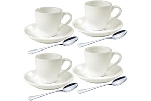 homEdge Porcelain Espresso Shot Cup Set with Saucers and Stainless Steel Spoons - 80 ml / 2.67 oz, Set of 4, White