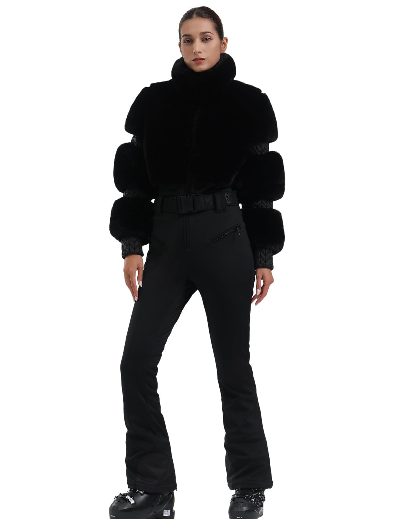 Photo 1 of GSOU SNOW Women Ski Suit One Piece Snowsuit Snowboard Faux Fur Collar Slim Jumpsuit Jacket Insulated Windproof Outdoor Winter Black S