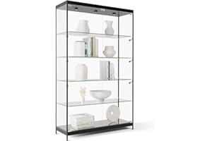 Displays2go 48 Inch Glass Display Case, Nine LED Lights, Four Shelves, Lockable Hinged Doors - Black (LESC4816BK)