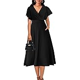 Elegant Dress for Women Casual Ruffle Short Sleeve V Neck Church Cocktail Party Work Wrap A Line Midi Dresses with Pocket