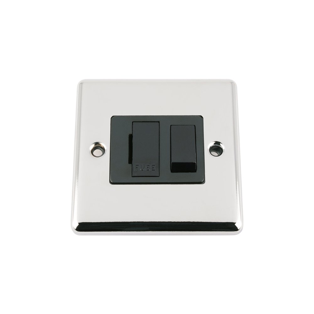 Fused Switch - Polished Chrome - Classic - Black Insert Plastic Switch - 13 Amp Switched Fused Spur Unit