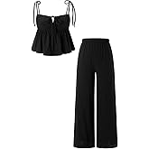 winkbay Women's 2 Piece Beach Vacation Outfits Summer Cute Peplum Tie Front Top and Pants Matching Sets
