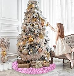 FUHSY Christmas Tree Skirt Pink Sequin Tree Skirt