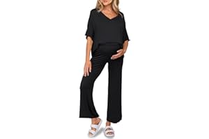 Tankaneo Womens Maternity Pajamas 2 Piece Lounge Set Soft Short Sleeve V Neck T-shirt Cropped Pants Pregnancy Loungewear