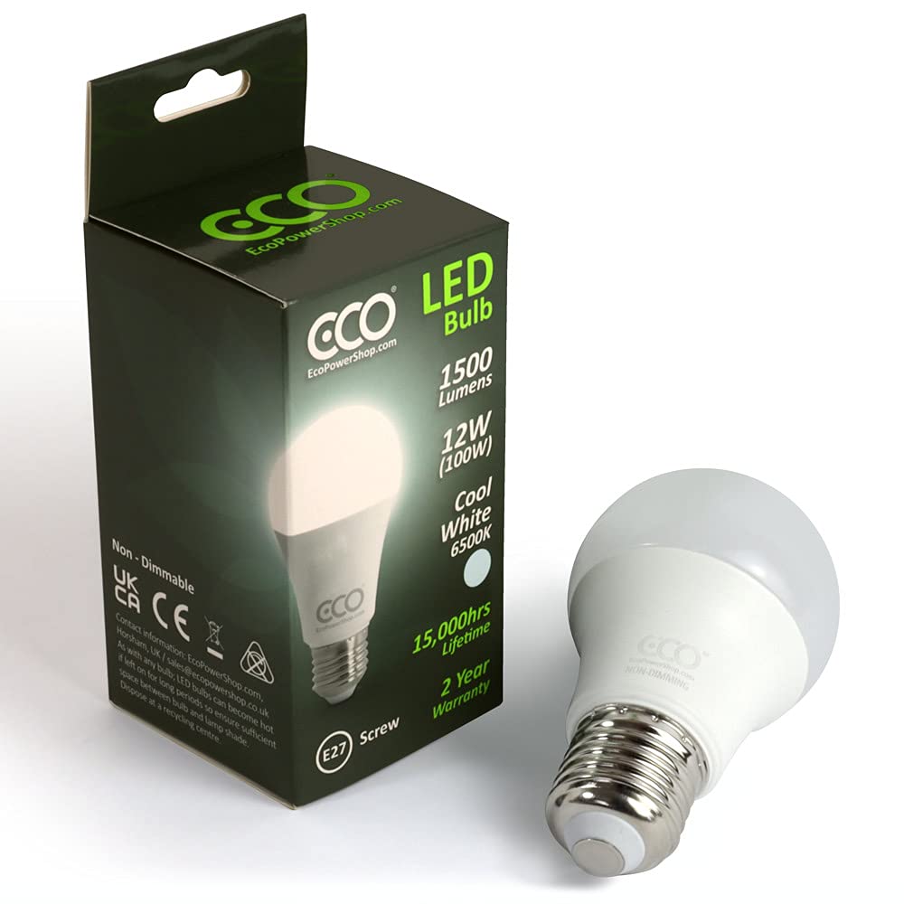 ECO 100W E27 Edison Screw Energy Saving LED Light Bulb, Low Energy 12W LED, Bright 1500 Lumens, Cool White 6500K, 15,000Hrs Lifetime. 1x Pack.