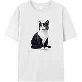 Graphic Womens T-Shirt Sitting Black Cat Printed Cotton Top Short Sleeve M White Basic Casual Tee