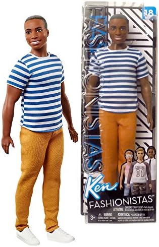 Barbie Year 2017 Fashionistas Series 12 Inch Doll #18 - Muscular African American KEN FNT86 in Blue and White Super Stripes Shirt and Gold Brown Pants