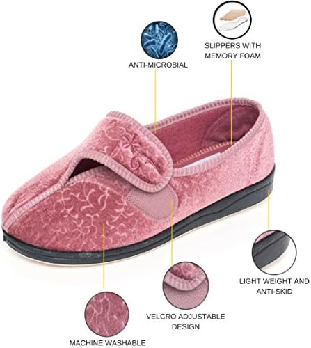 Wide Memory Foam Insoles Women House Edema Slippers Premium Quality VELCRO Adjustable Design Lightweight - Machine Washable - Antimicrobial